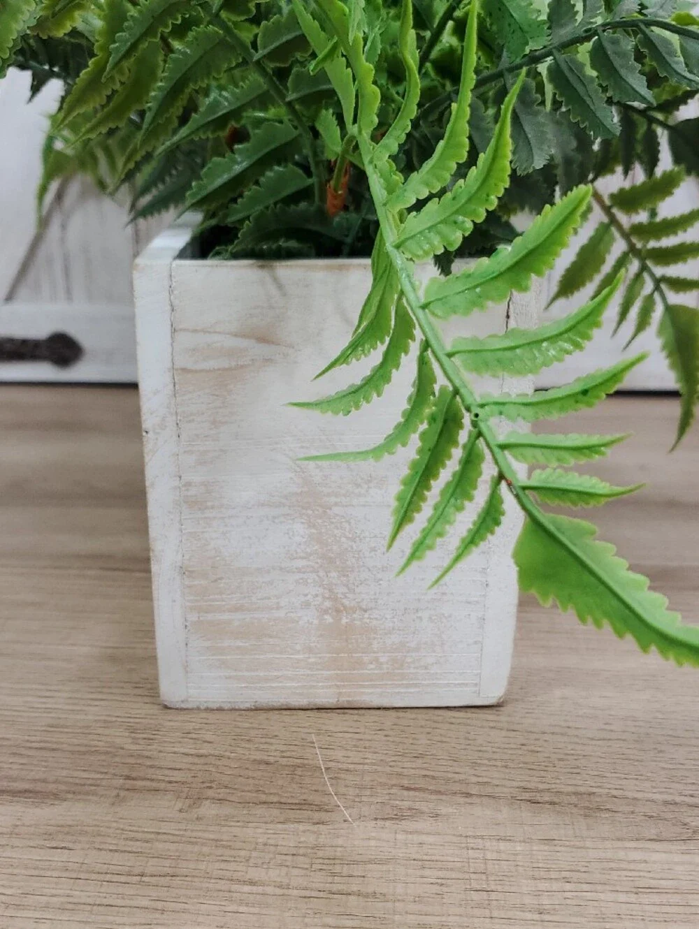 Artificial Fern in Rectangular Distressed Wood Planter Box Faux Plant Decor